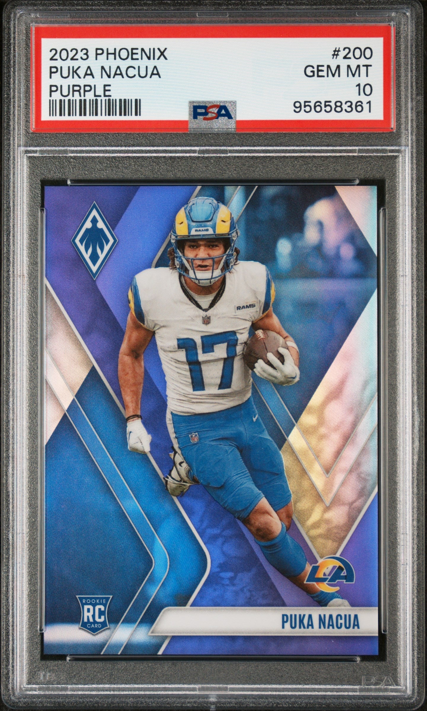 Graded 2023 Panini Phoenix Puka Nacua #200 Purple #/125 Rookie RC Football Card PSA 10 Gem Mint