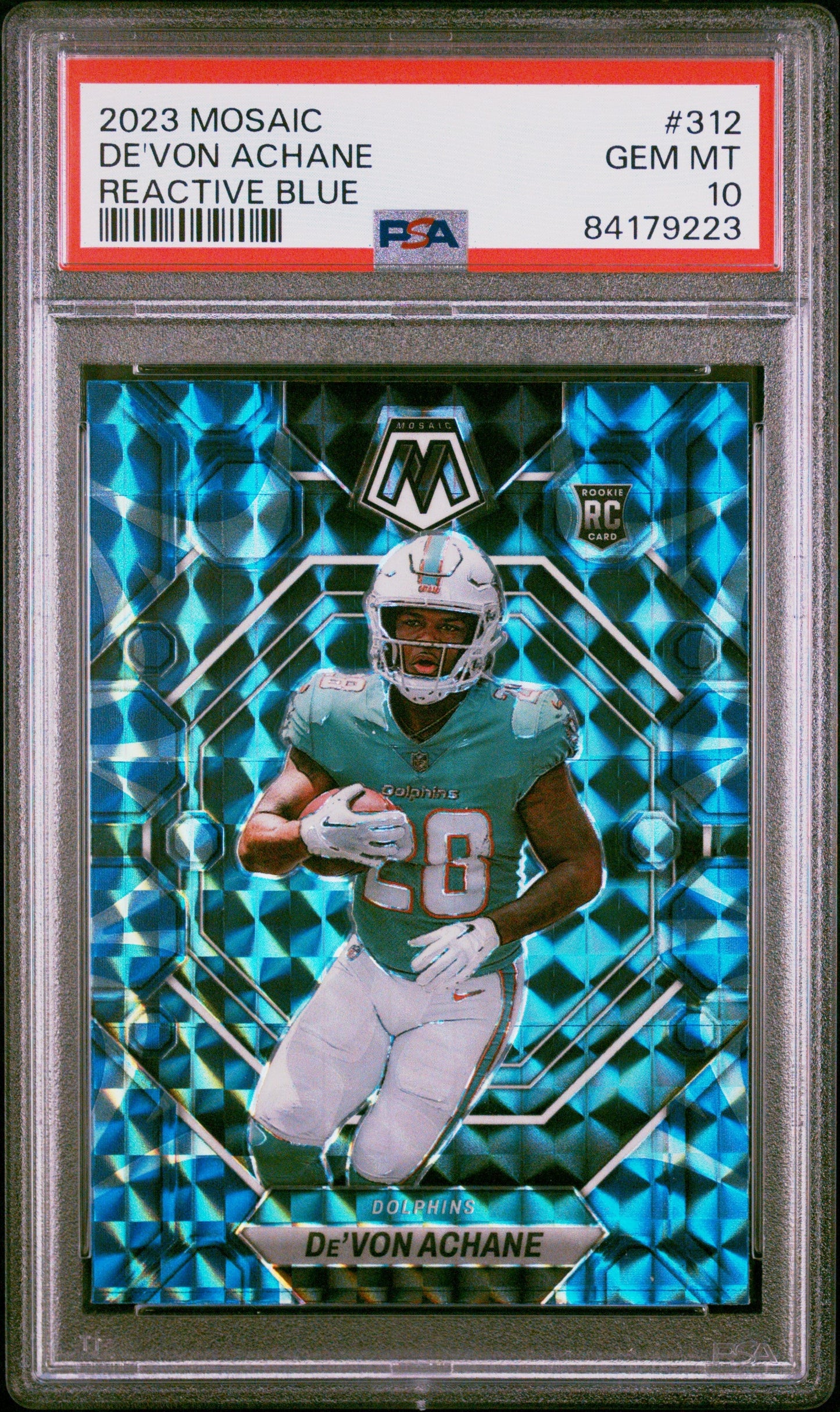 Graded 2023 Panini Mosaic Devon Achane #312 Reactive Blue Rookie RC Football Card PSA 10 Gem Mint