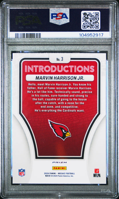 Graded 2024 Panini Mosaic Marvin Harrison Jr #3 Introductions Silver Rookie RC Football Card PSA 10 Gem Mint