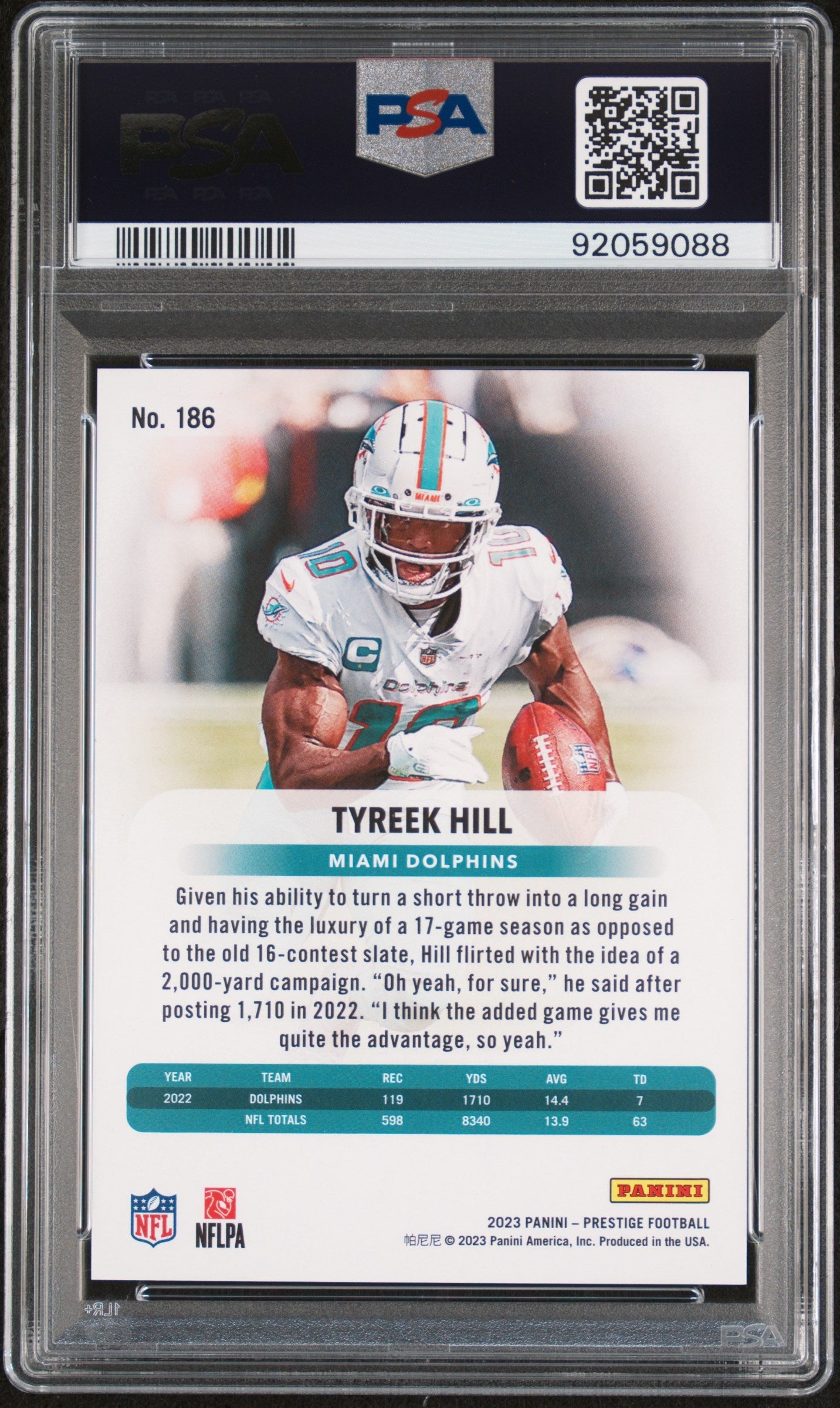 Graded 2023 Panini Prestige Tyreek Hill #186 Orange Premium Xtra Points #/50 Football Card PSA 10 Gem Mint