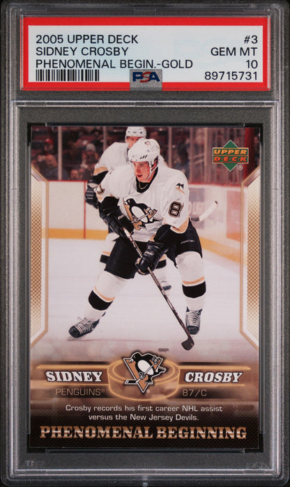 Graded 2005-06 Upper Deck Sidney Crosby #3 Phenomenal Beginning Gold Rookie RC Hockey Card PSA 10 Gem Mint