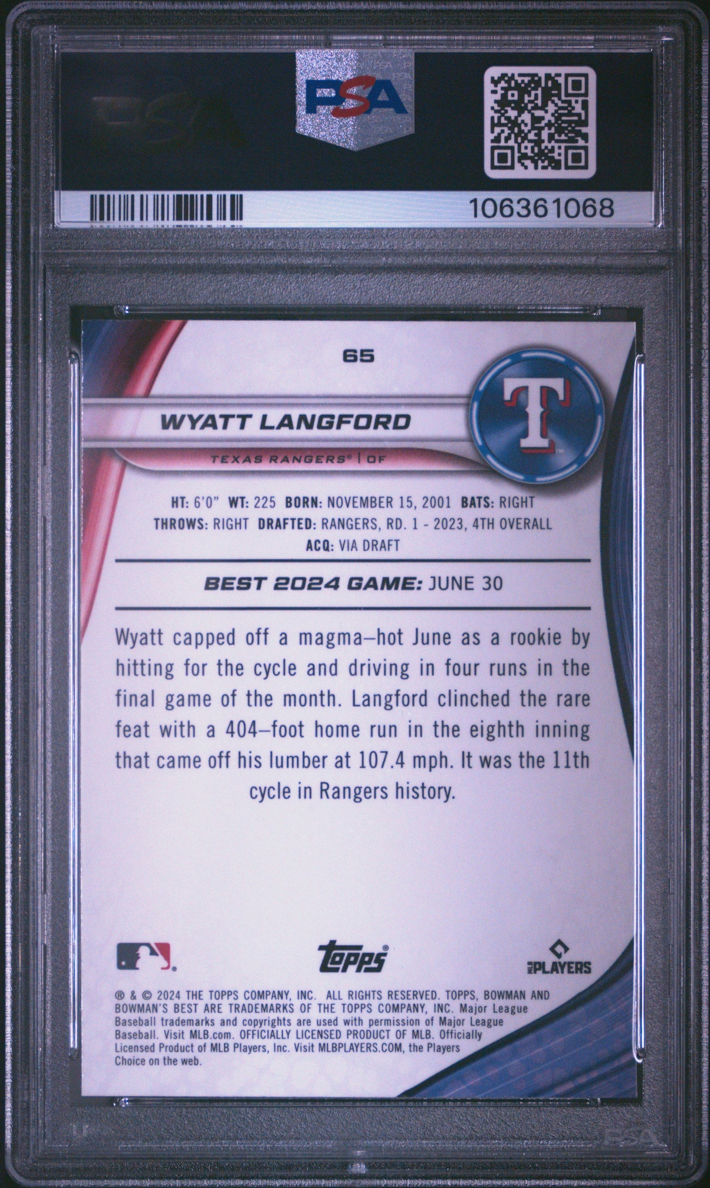 Graded 2024 Topps Bowmans Best Wyatt Langford #65 Rookie RC Baseball Card PSA 10 Gem Mint