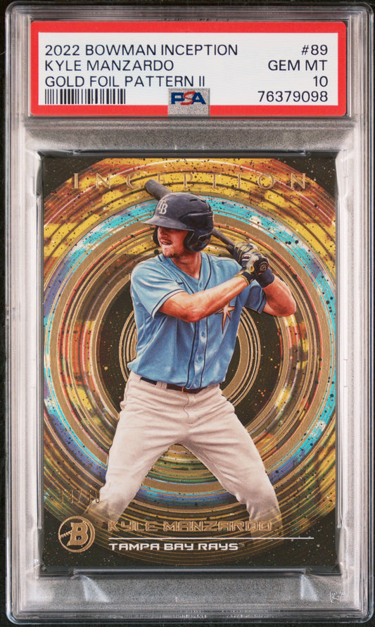 Graded 2022 Topps Bowman Inception Kyle Manzardo #89 Gold Foil Pattern II #/50 Rookie RC Baseball Card PSA 10 Gem Mint