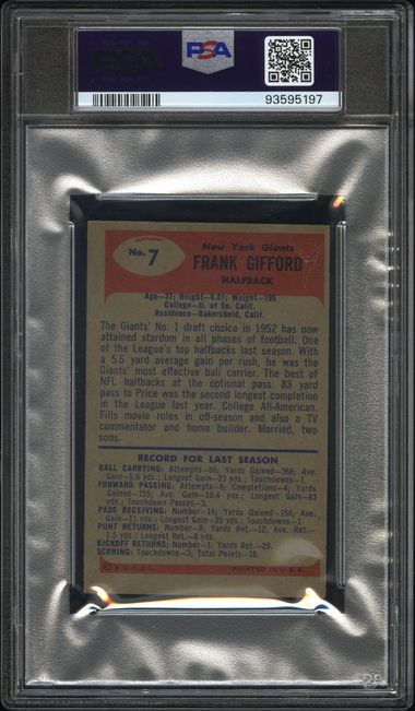 Graded 1955 Bowman Frank Gifford #7 Football Card PSA 3 Very Good