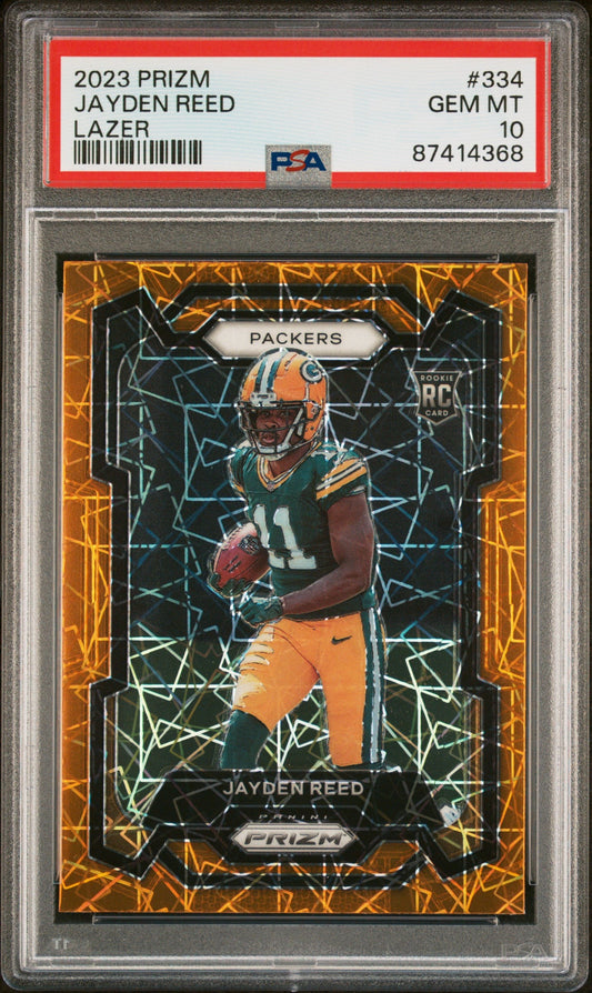 Graded 2023 Panini Prizm Jayden Reed #334 Lazer Rookie RC Football Card PSA 10 Gem Mint