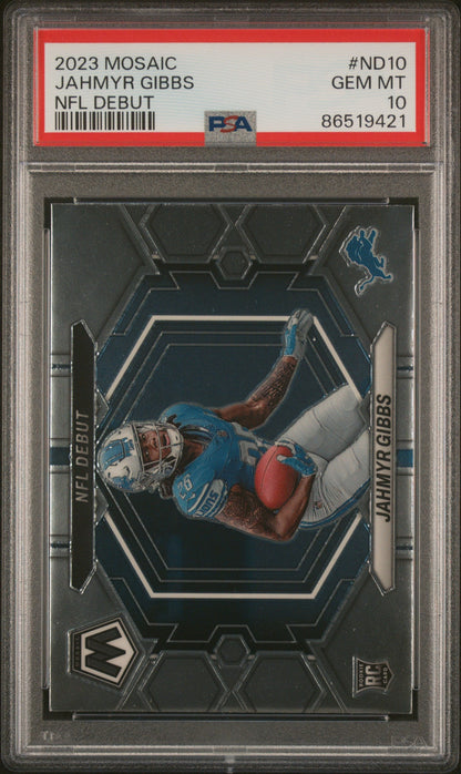 Graded 2023 Mosaic Jahmyr Gibbs #ND10 NFL Debut Rookie RC Football Card PSA 10 Gem Mint