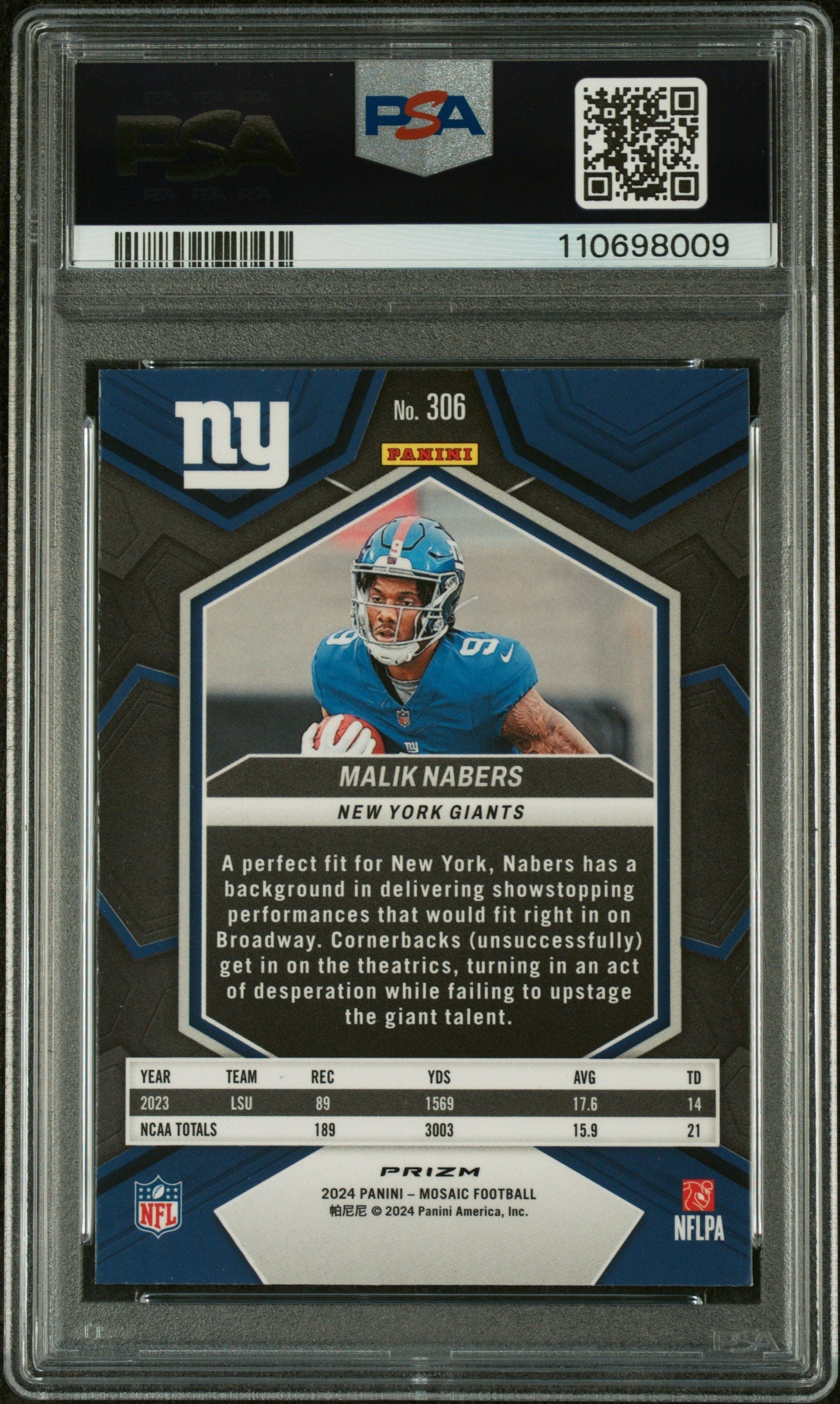 Graded 2024 Panini Mosaic Malik Nabers #306 Mosaic Rookie RC Football Card PSA 10 Gem Mint