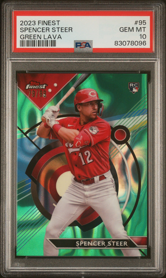 Graded 2023 Topps Finest Spencer Steer #95 Green Lava #/99 Rookie RC Baseball Card PSA 10 Gem Mint
