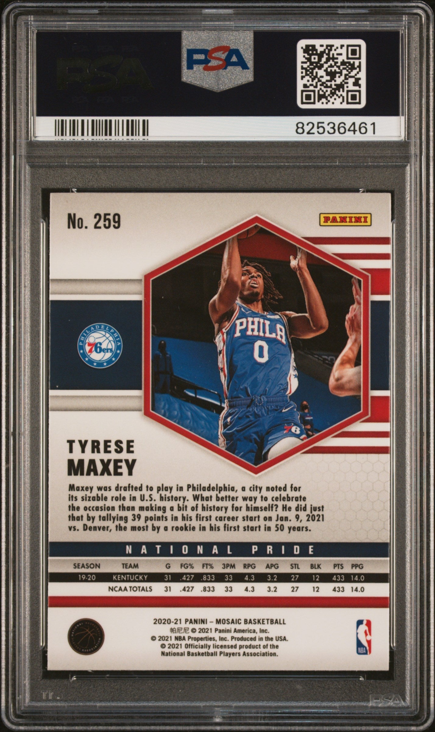 Graded 2020 Panini Mosaic Tyrese Maxey #259 Fast Break Silver Rookie RC Basketball Card PSA 10 Gem Mint