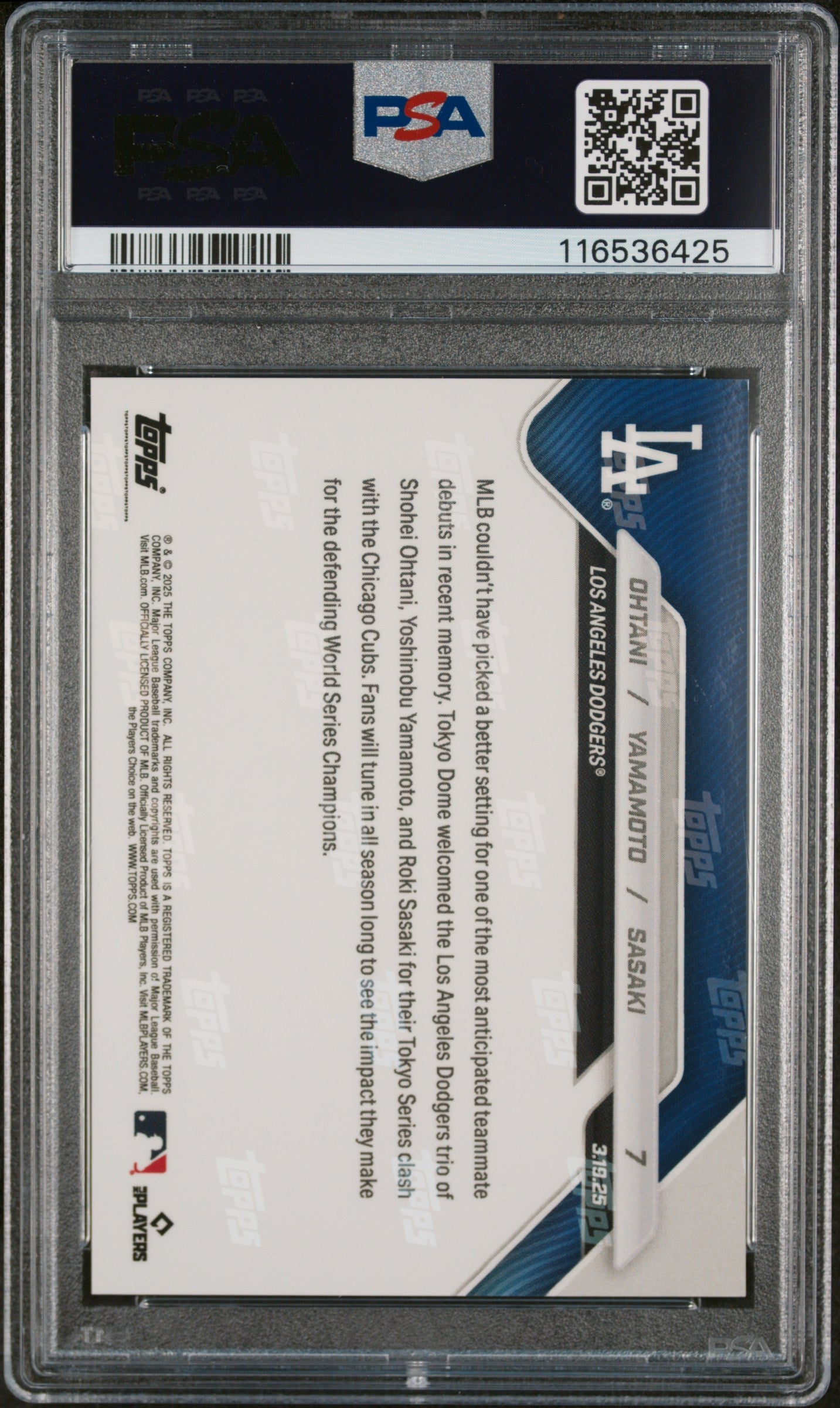 Graded 2025 Topps Now Shohei Ohtani/Yoshinobu Yamamoto/Roki Sasaki #7 Baseball Card PSA 8 Near Mint