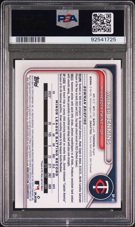 Graded 2024 Topps Bowman Walker Jenkins #BP43 Paper Prospects Rookie RC Baseball Card PSA 10 Gem Mint