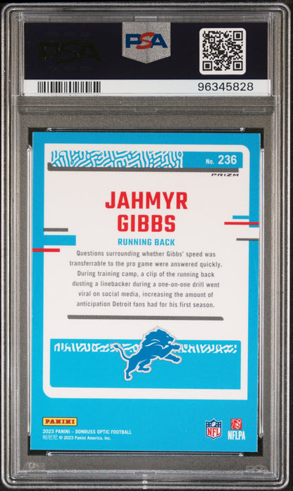 Graded 2023 Panini Donruss Optic Jahmyr Gibbs #236 Purple Shock Rookie RC Football Card PSA 10 Gem Mint