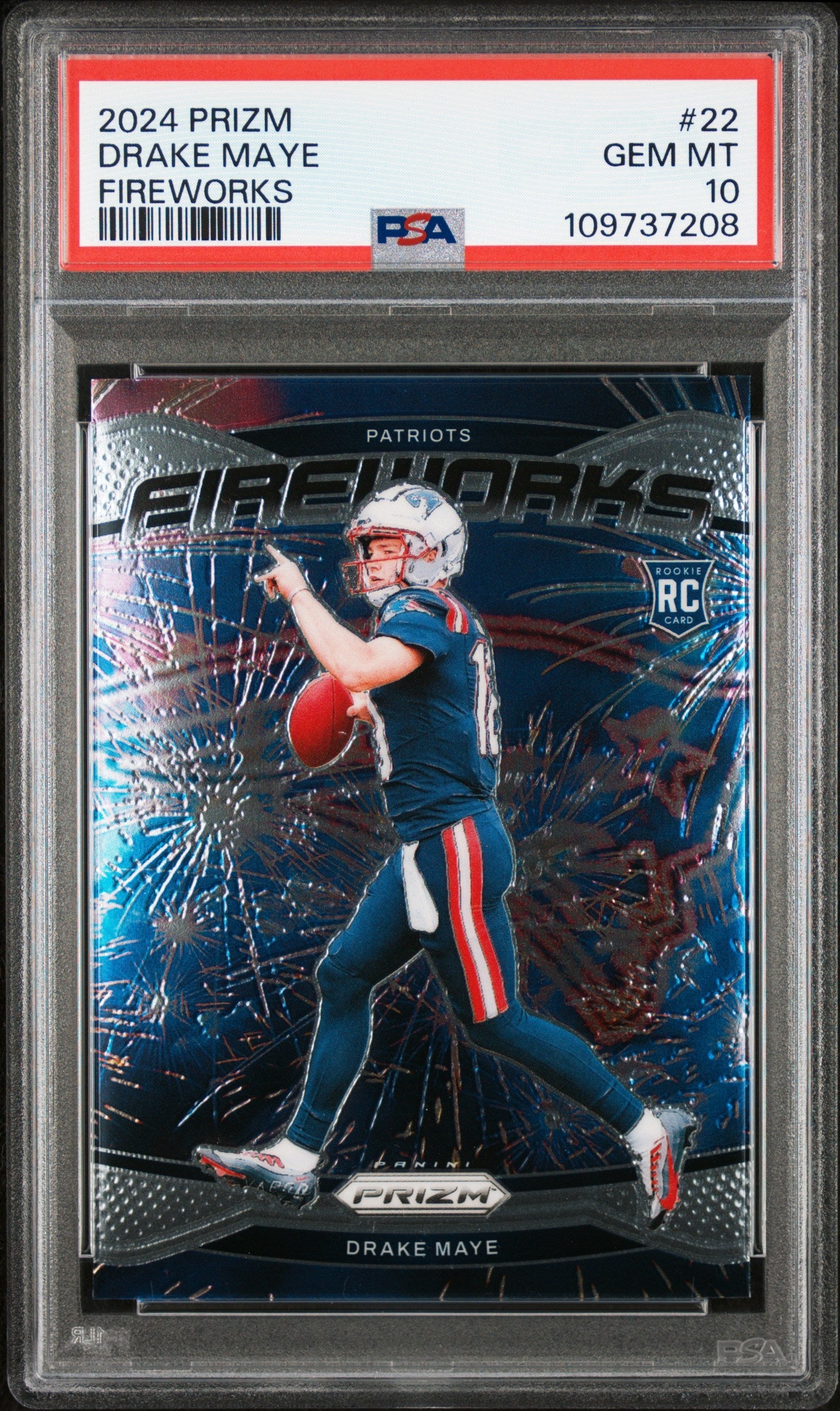 Graded 2024 Panini Prizm Drake Maye #22 Fireworks Rookie RC Football Card PSA 10 Gem Mint