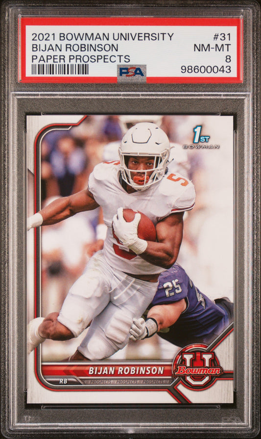 Graded 2021 Topps Bowman University Bijan Robinson #31 Paper Prospects Football Card PSA 8 Near Mint