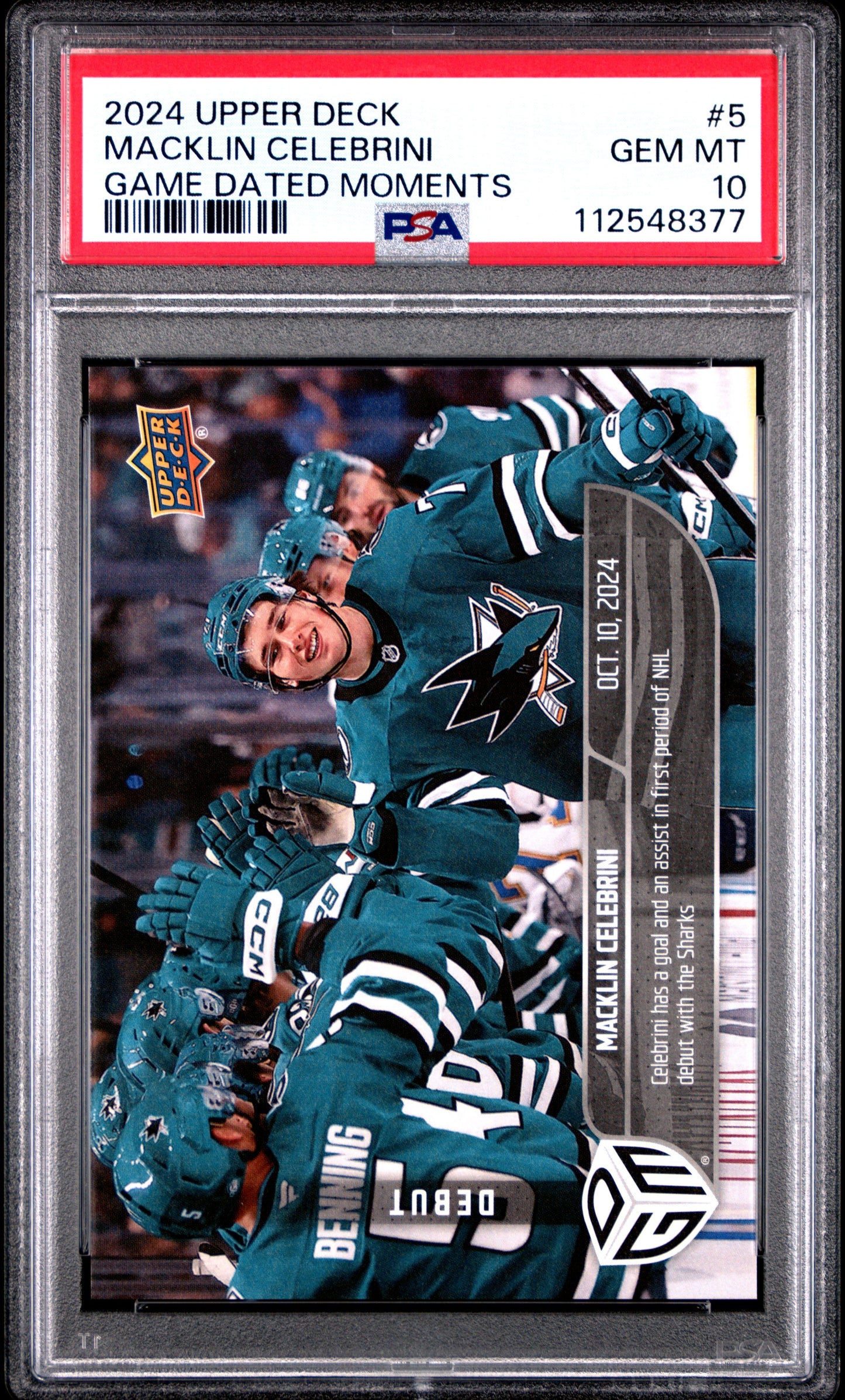 Graded 2024 Upper Deck Macklin Celebrini #5 Game Dated Moments Rookie RC Hockey Card PSA 10 Gem Mint