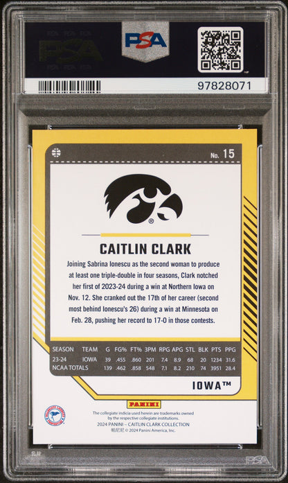 Graded 2024 Panini Caitlin Clark Collection Caitlin Clark #15 Donruss Panini Rookie RC Basketball Card PSA 10 Gem Mint