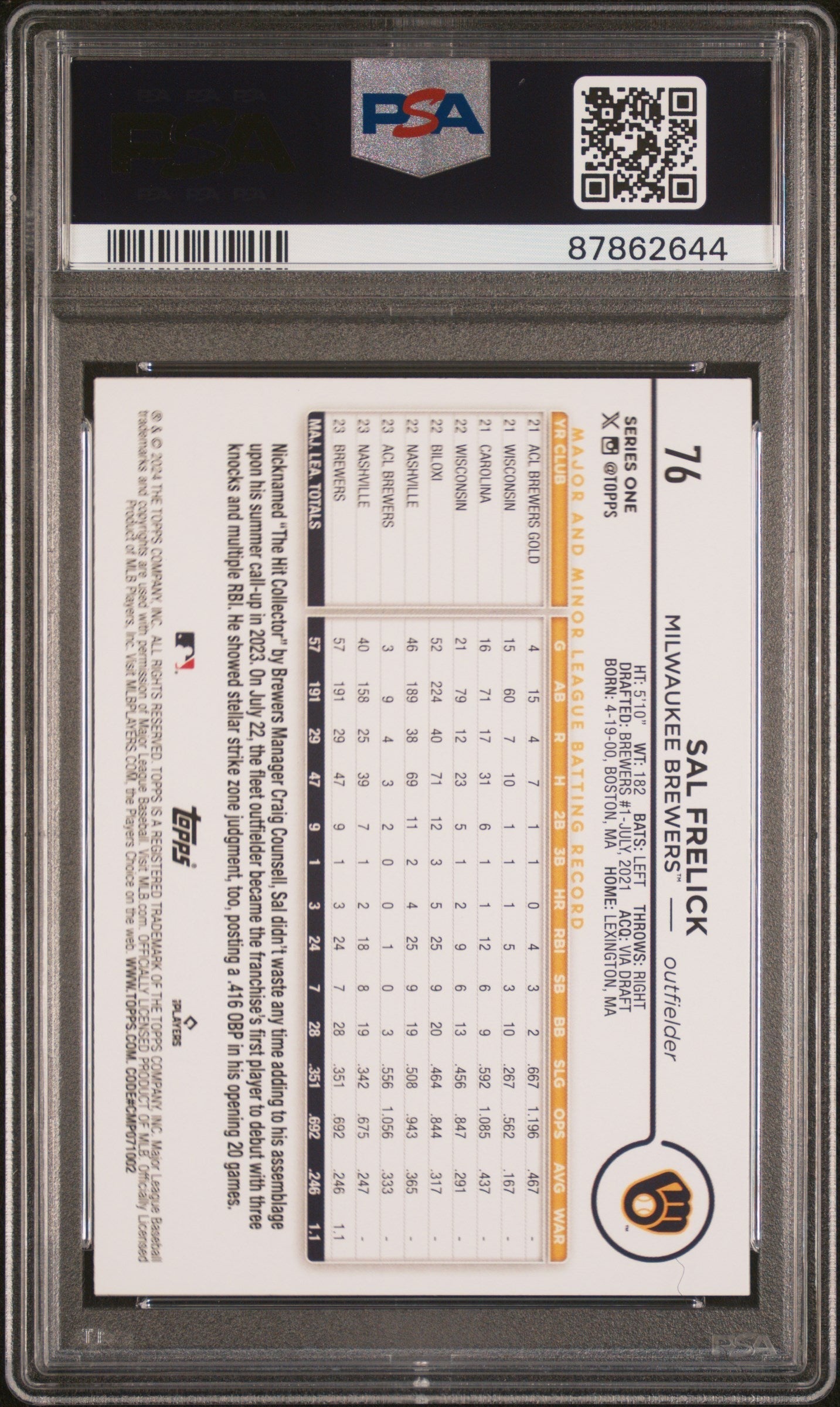 Graded 2024 Topps Sal Frelick #76 Rookie RC Baseball Card PSA 10 Gem Mint