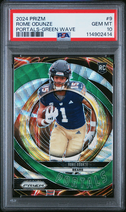 Graded 2024 Panini Prizm Rome Odunze #9 Portals Green Wave Rookie RC Football Card PSA 10 Gem Mint