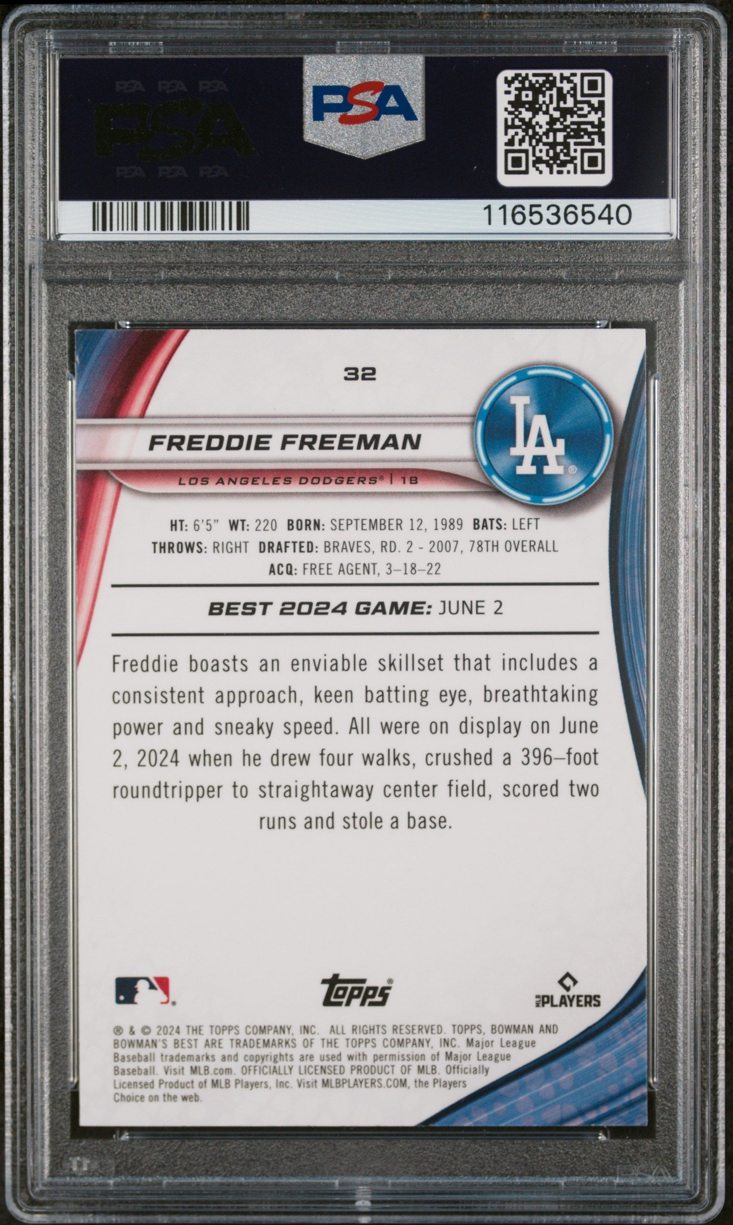 Graded 2024 Topps Bowmans Best Freddie Freeman #32 Baseball Card PSA 10 Gem Mint