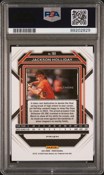Graded 2023 Panini Prizm Jackson Holliday #160 Blue Ice Rookie RC Baseball Card PSA 10 Gem Mint