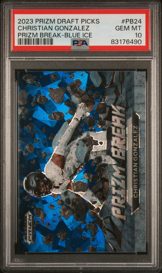 Graded 2023 Panini Prizm Draft Picks Christian Gonzalez #PB24 Prizm Break Blue Ice #/99 Rookie RC Football Card PSA 10 Gem Mint