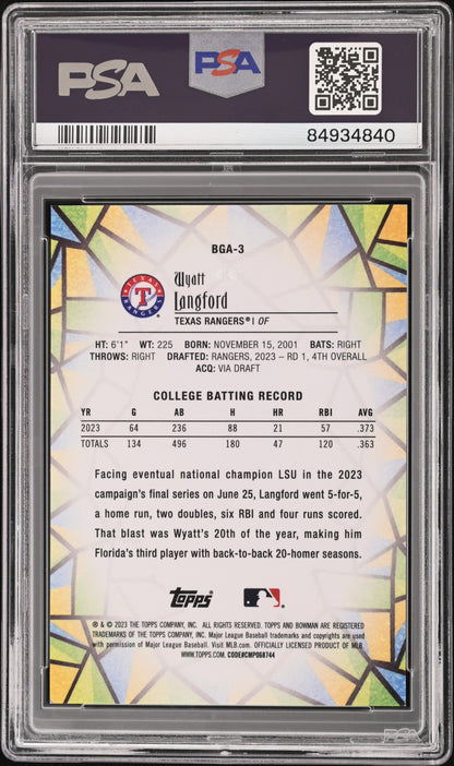 Graded 2023 Topps Bowman Draft Wyatt Langford #BGA3 Glass Rookie RC Baseball Card PSA 10 Gem Mint