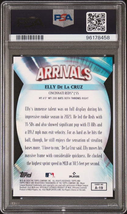 Graded 2024 Topps Finest Elly De La Cruz #A19 Arrivals Rookie RC Baseball Card PSA 10 Gem Mint