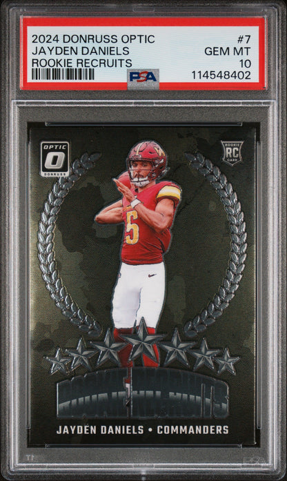 Graded 2024 Panini Donruss Optic Jayden Daniels #7 Rookie Recruits Rookie RC Football Card PSA 10 Gem Mint
