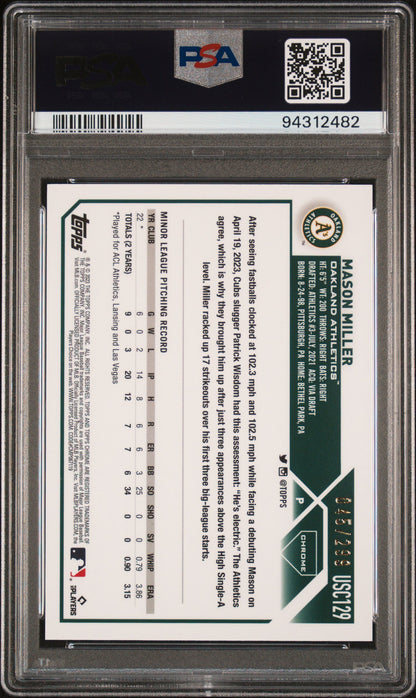 Graded 2023 Topps Chrome Update Mason Miller #USC129 Magenta/Purple Lava Lamp Refractor #/199 Rookie RC Baseball Card PSA 10 Gem Mint