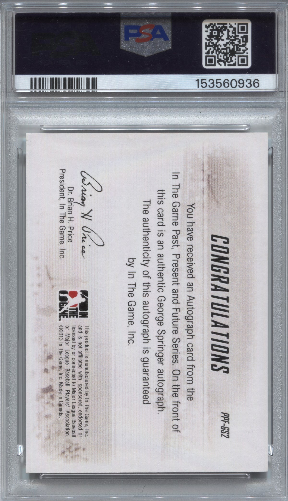 2014 In The Game George Springer Past Present & Future Auto #GS2 PSA 10