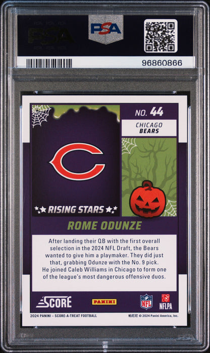 Graded 2024 Panini Score-A-Treat Rome Odunze #44 Rising Stars Pumpkin Rookie RC Football Card PSA 10 Gem Mint