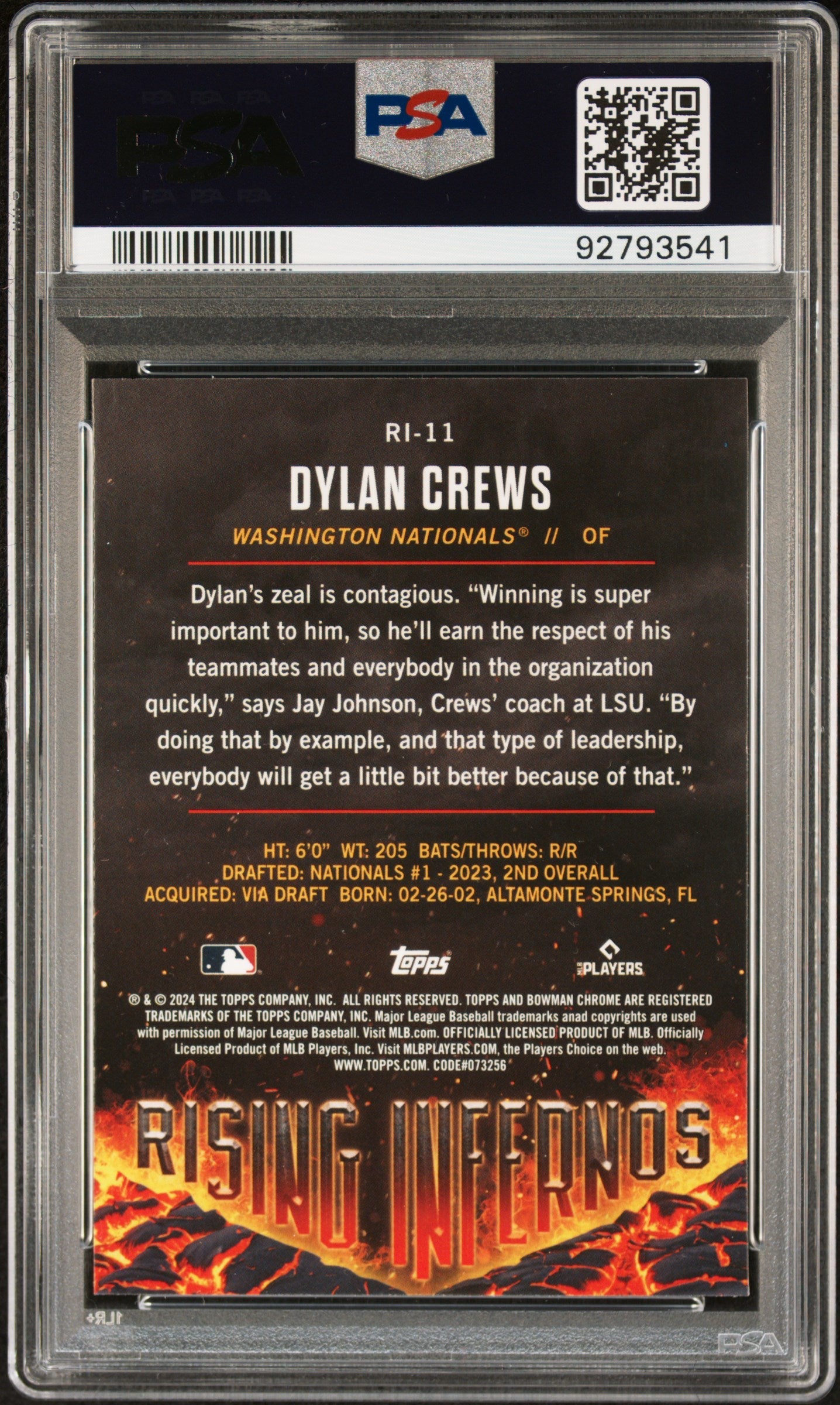 Graded 2024 Topps Bowman Dylan Crews #RI11 Rising Infernos Rookie RC Baseball Card PSA 10 Gem Mint
