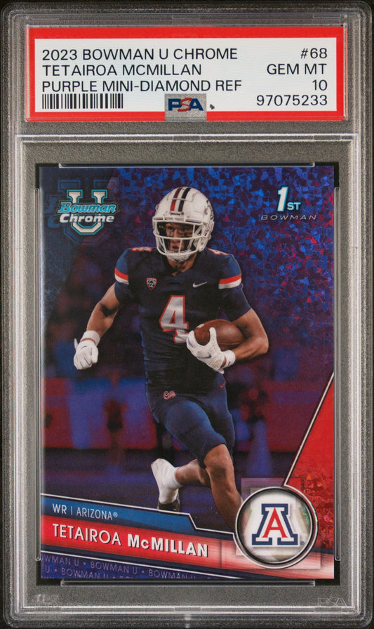 Graded 2023 Topps Bowman U Chrome Tetairoa McMillan #68 Purple Mini Diamond Refractor #/399 Rookie RC Football Card PSA 10 Gem Mint