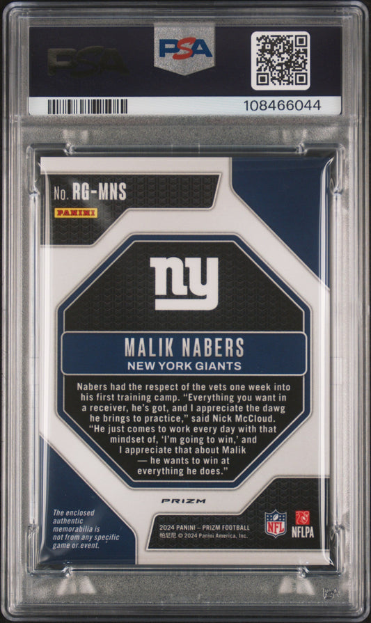 Graded 2024 Panini Prizm Malik Nabers #RGMNS Rookie Gear Rookie RC Football Card PSA 10 Gem Mint