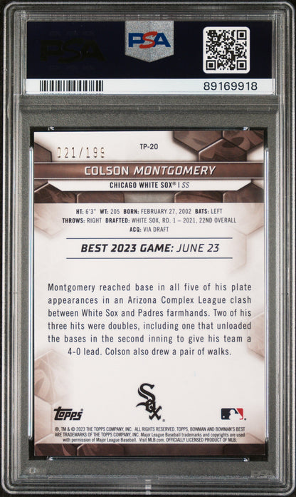 Graded 2023 Topps Bowmans Best Colson Montgomery #TP20 Top Prospects Aqua #/199 Rookie RC Baseball Card PSA 10 Gem Mint