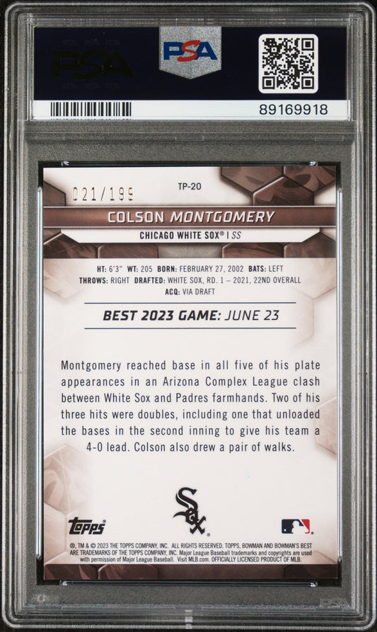 Graded 2023 Topps Bowmans Best Colson Montgomery #TP20 Top Prospects Aqua #/199 Rookie RC Baseball Card PSA 10 Gem Mint