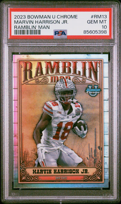 Graded 2023 Topps Bowman U Chrome Marvin Harrison Jr #RM13 Ramblin Man Rookie RC Football Card PSA 10 Gem Mint