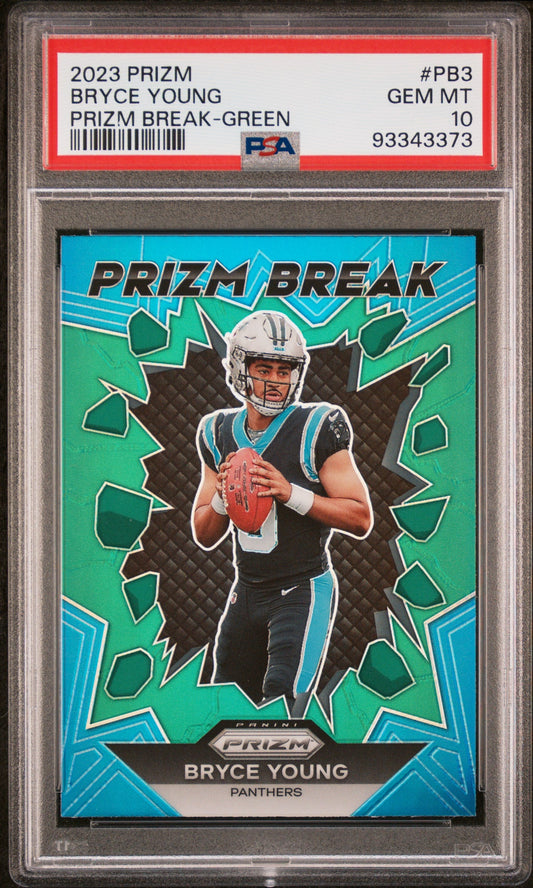 Graded 2023 Panini Prizm Bryce Young #PB3 Prizm Break Green Rookie RC Football Card PSA 10 Gem Mint
