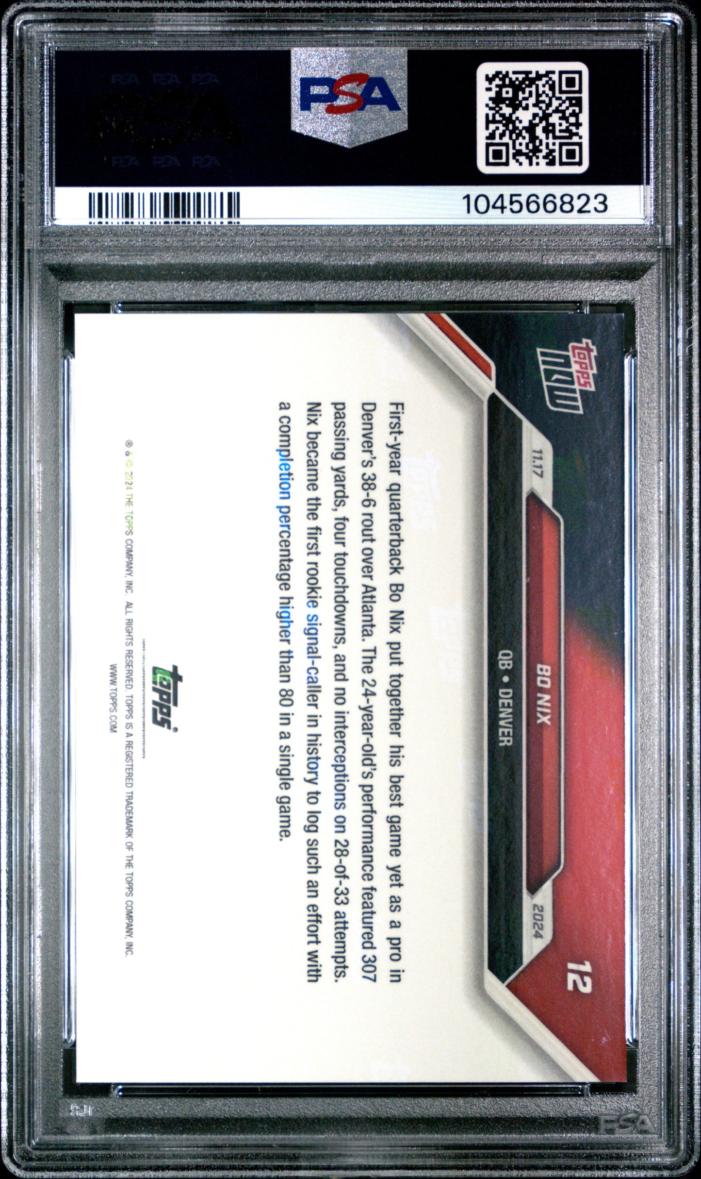 Graded 2024 Topps Now Bo Nix #12 Rookie RC Football Card PSA 10 Gem Mint