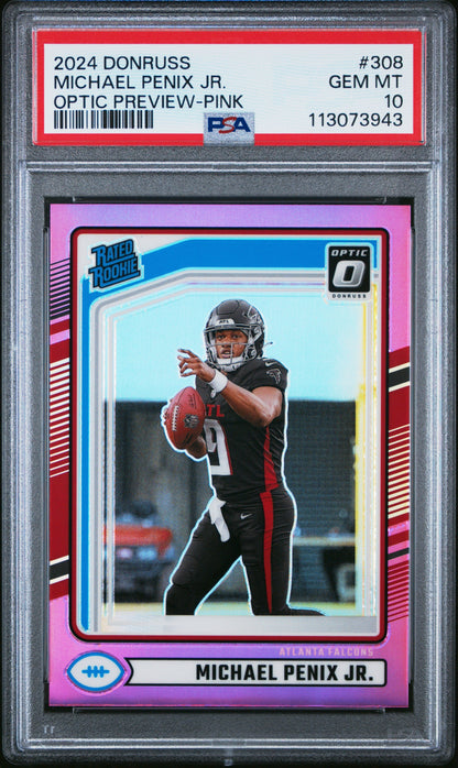 Graded 2024 Panini Donruss Michael Penix Jr #308 Optic Preview Pink Rookie RC Football Card PSA 10 Gem Mint