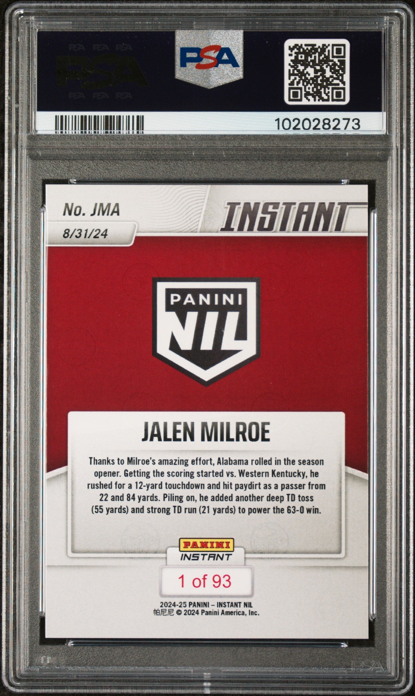 Graded 2024 Panini Instant NIL Jalen Milroe #JMA Rookie RC Football Card PSA 9 Mint