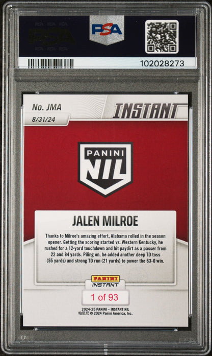 Graded 2024 Panini Instant NIL Jalen Milroe #JMA Rookie RC Football Card PSA 9 Mint