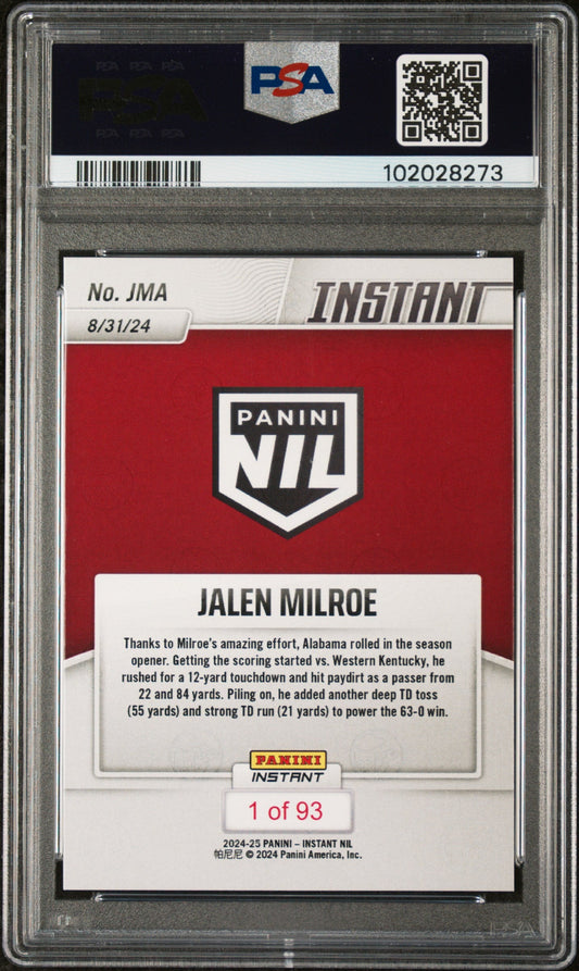 Graded 2024 Panini Instant NIL Jalen Milroe #JMA Rookie RC Football Card PSA 9 Mint