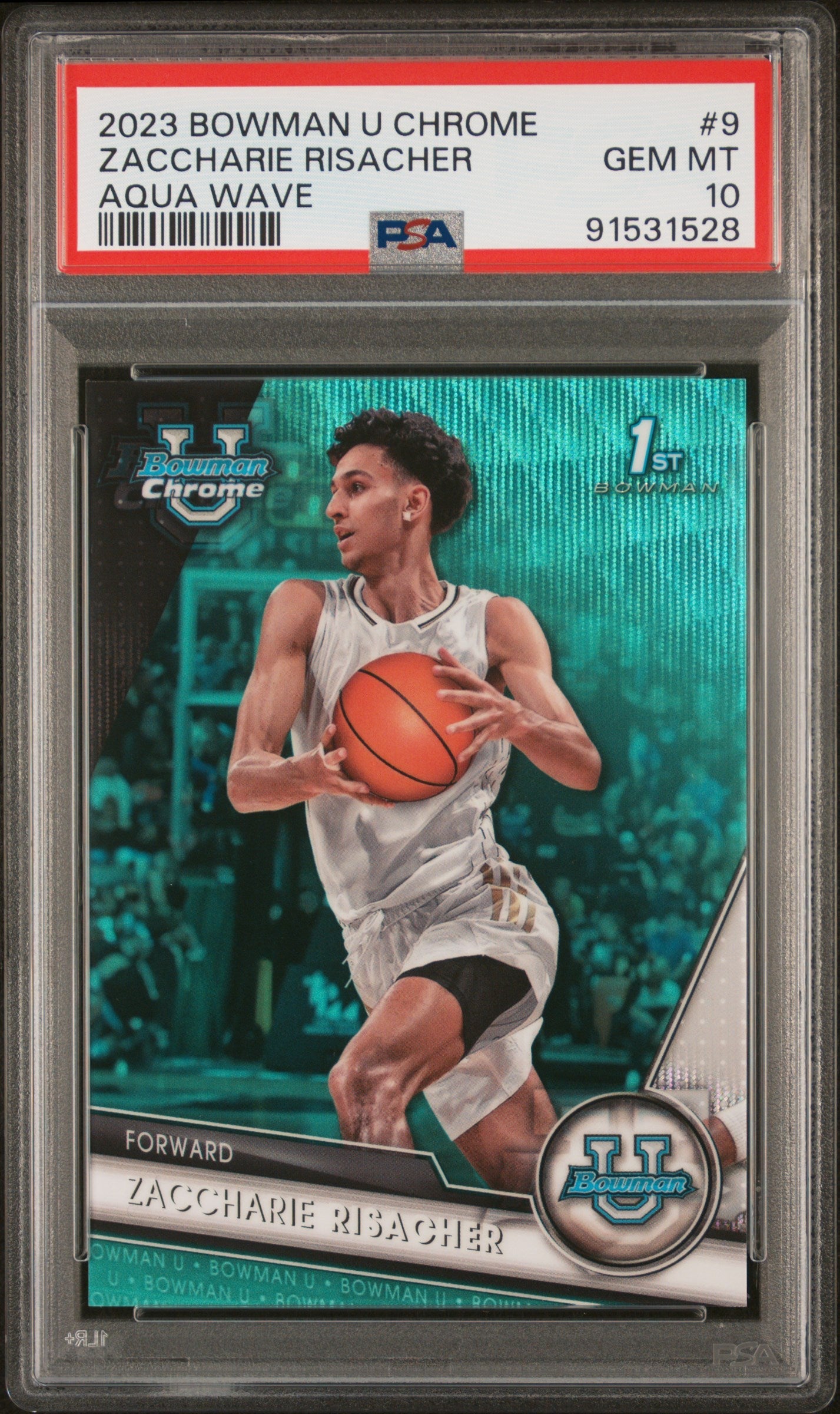 Graded 2023 Topps Bowman U Chrome Zaccharie Risacher #9 Aqua Wave #/299 Rookie RC Basketball Card PSA 10 Gem Mint