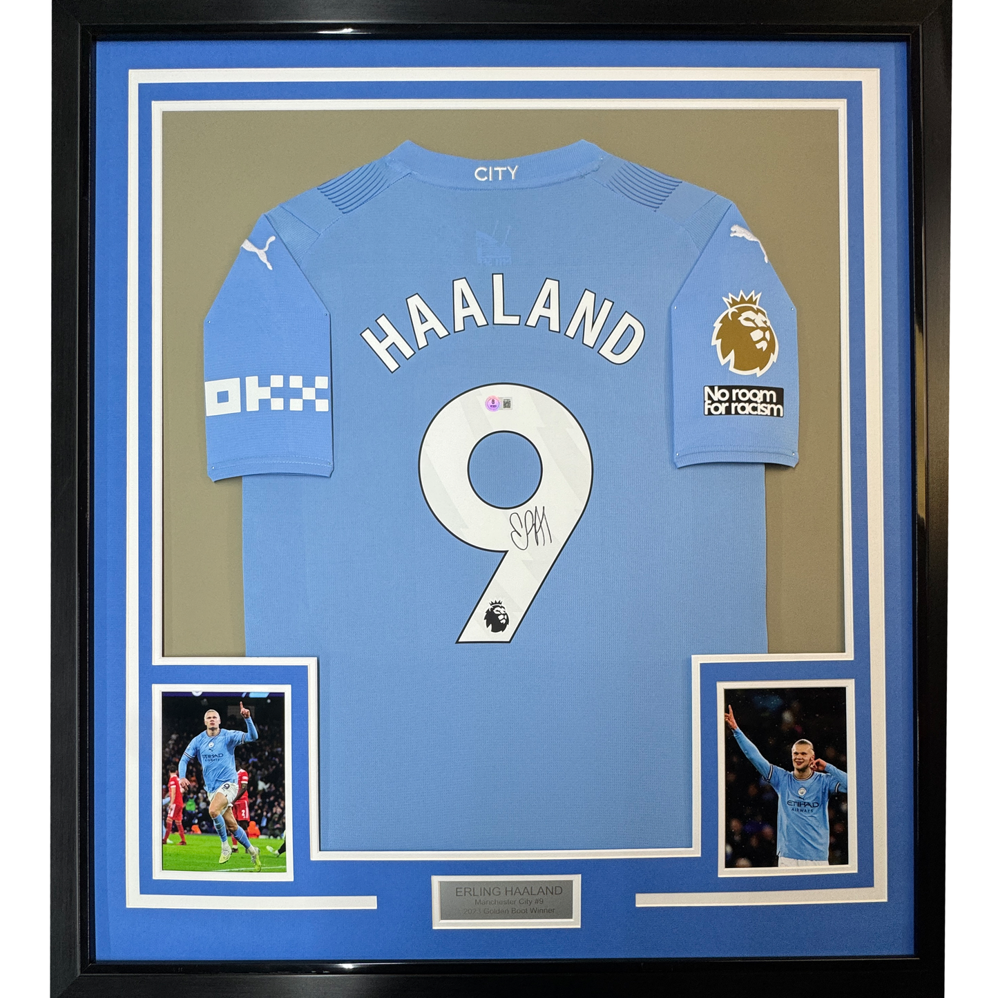 Framed Autographed/Signed Erling Haaland 35x39 Manchester City Blue Soccer Futbol Jersey Beckett BAS COA