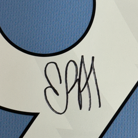 Framed Autographed/Signed Erling Haaland 35x39 Manchester City Blue Soccer Futbol Jersey Beckett BAS COA