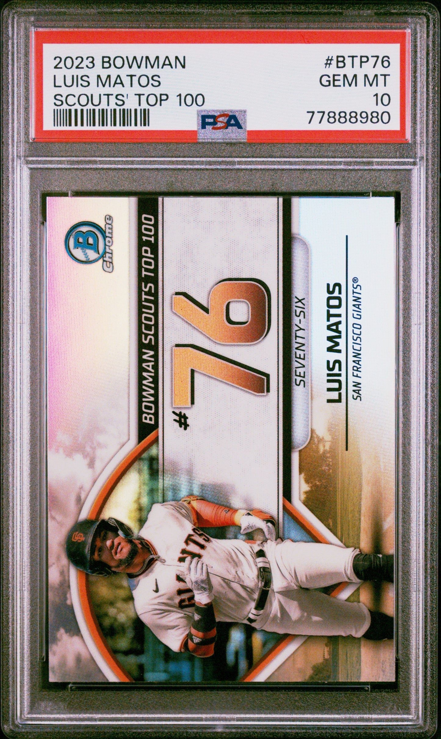 Graded 2023 Topps Bowman Luis Matos #BTP76 Scouts Top 100 Rookie RC Baseball Card PSA 10 Gem Mint