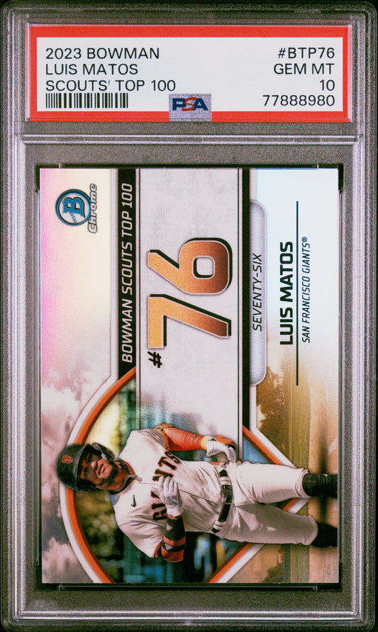 Graded 2023 Topps Bowman Luis Matos #BTP76 Scouts Top 100 Rookie RC Baseball Card PSA 10 Gem Mint