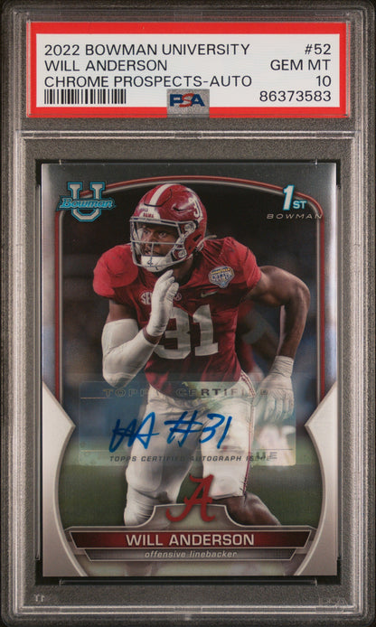 Graded 2022 Bowman University Will Anderson #52 Chrome Prospects Autograph Rookie RC Football Card PSA 10 Gem Mint