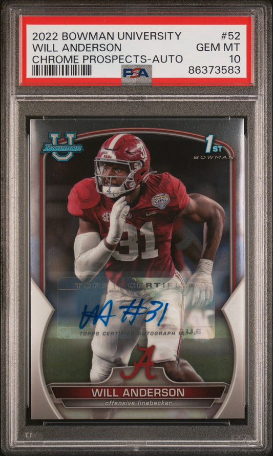Graded 2022 Bowman University Will Anderson #52 Chrome Prospects Autograph Rookie RC Football Card PSA 10 Gem Mint
